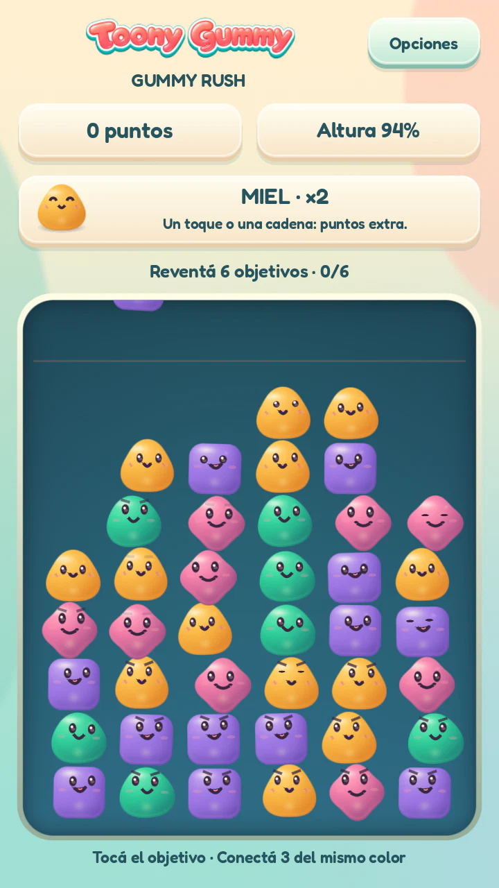 Gummies cayendo y apilándose en Gummy Rush